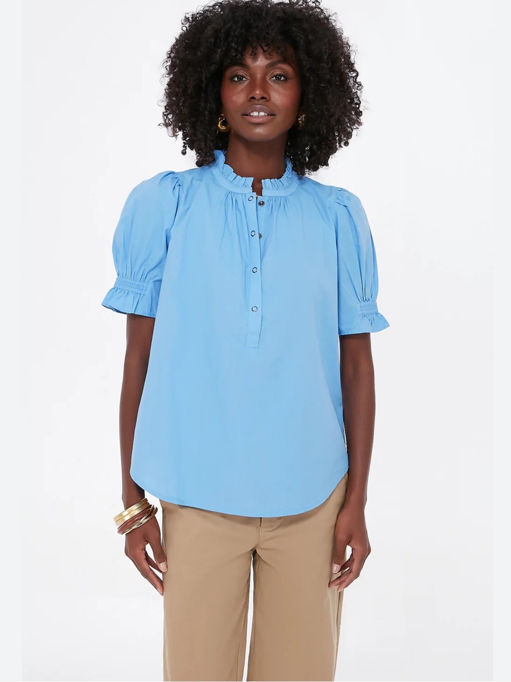 Apiece Apart Los Altos Light Blue Ruffle Collar Puff Sleeve Top